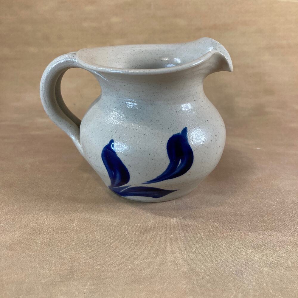Vintage Williamsburg Pottery Salt Glaze Mini Pitcher Creamer Cobalt Blue Leaves